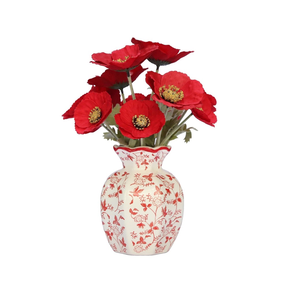 My Texas House Faux Poppies in Red‎ & White Floral Vase